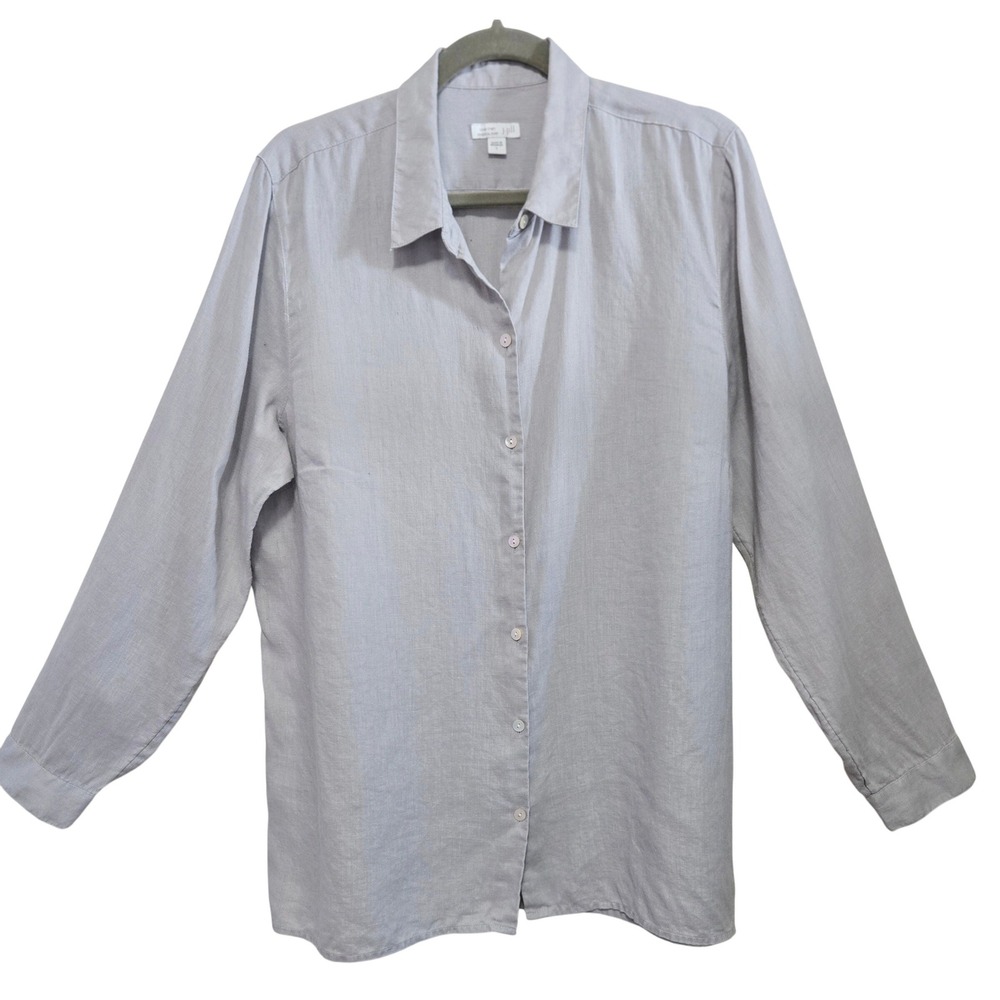 J. Jill Love Linen Chic Essential Shirt Grey 100% Linen Button Front Blouse L